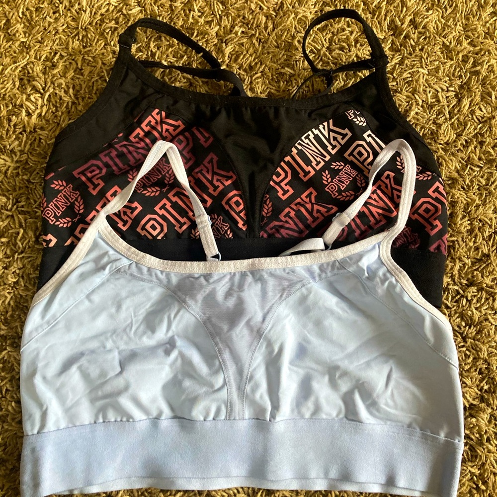 Like new Victorias Secret Pink black & powder blue sports bras